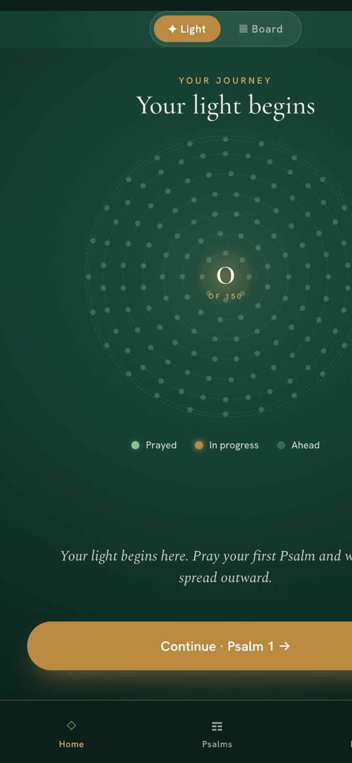 Mizmor app home screen — a star-map of your journey through the Psalms, with a button to continue at Psalm 1