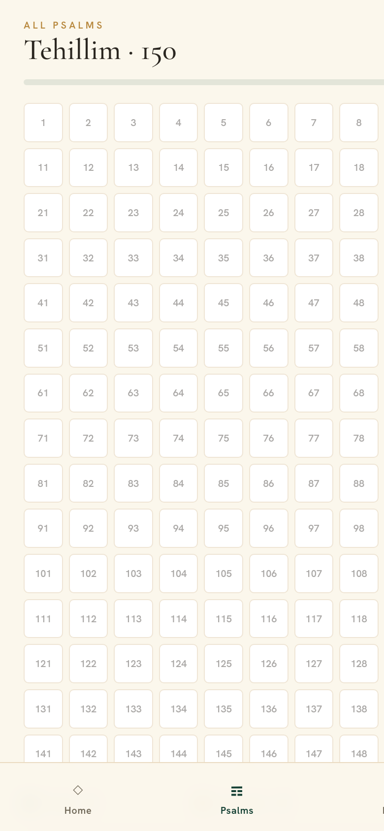 Mizmor app Psalms list — the full grid of all 150 Psalms, Tehillim