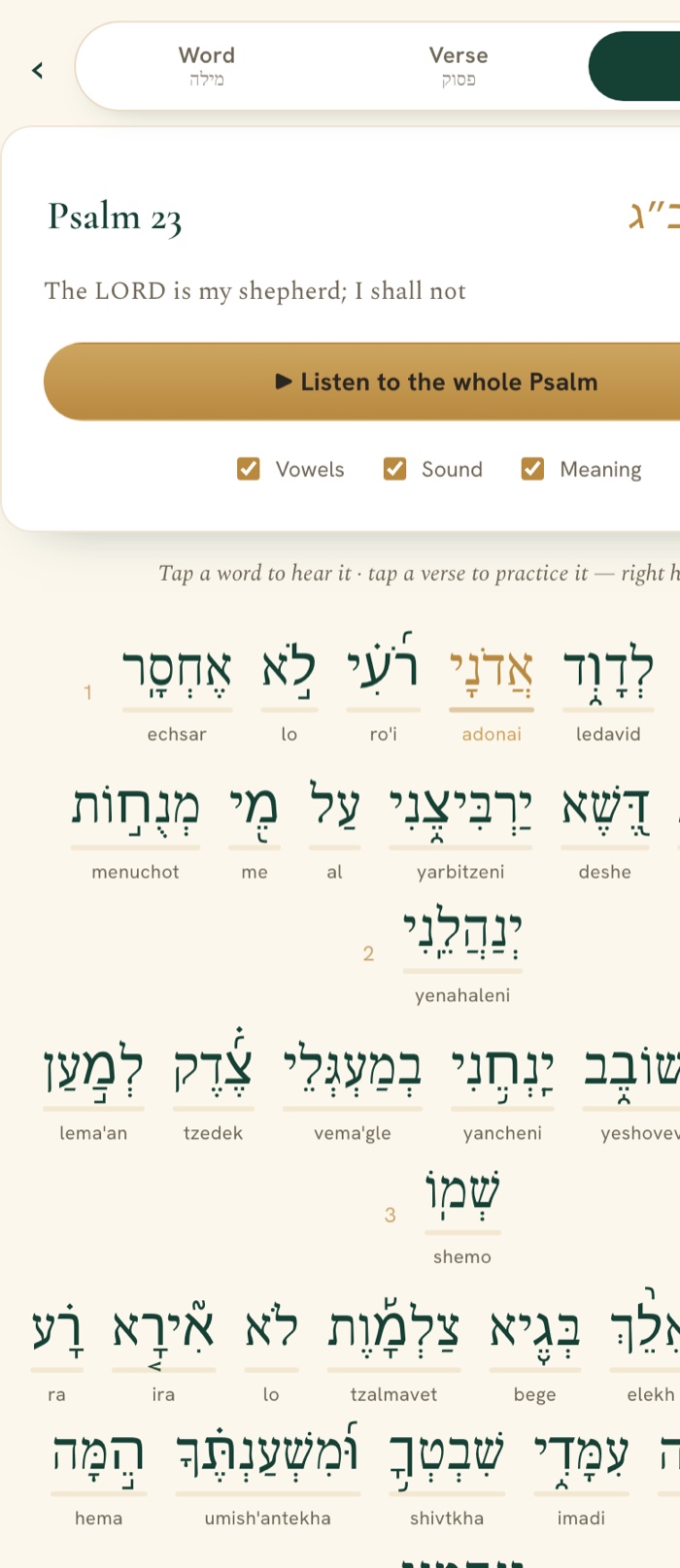 Mizmor app practising Psalm 23 — pointed Hebrew with transliteration, the Name shown as Adonai in gold, and a Listen to the whole Psalm button